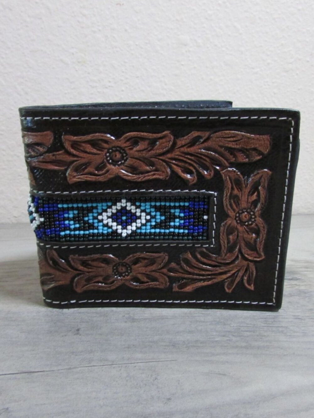 Leather Tooled & Aztec Beaded Men's Bifold Wallet - Blue